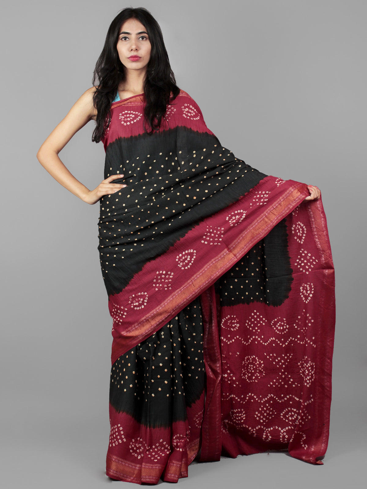 Dark Green Pink Ivory Hand Tie & Dye Bandhej Glace Cotton Saree With Resham Border - S031701989