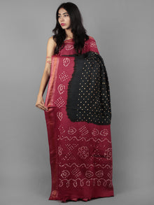 Dark Green Pink Ivory Hand Tie & Dye Bandhej Glace Cotton Saree With Resham Border - S031701989