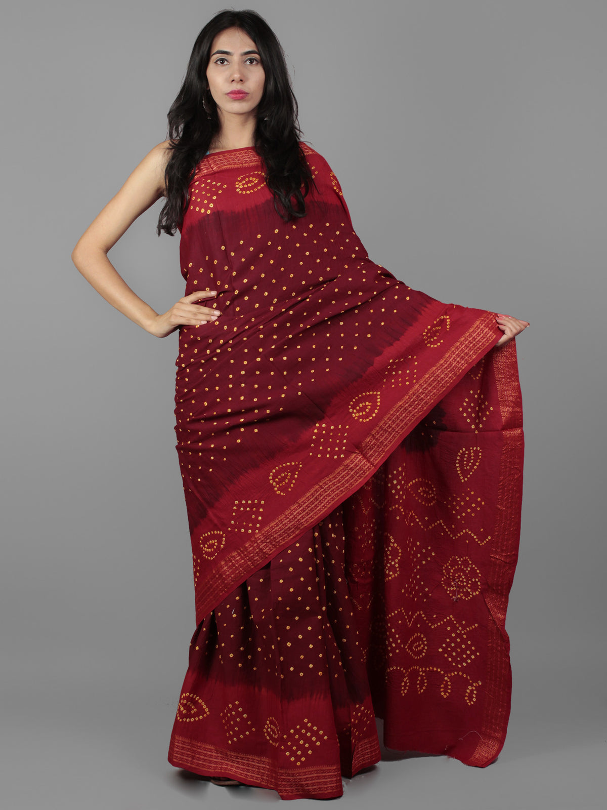 Brown Maroon Ivory Hand Tie & Dye Bandhej Glace Cotton Saree With Resham Border - S031701990