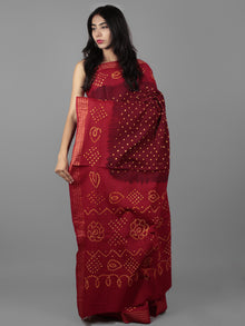 Brown Maroon Ivory Hand Tie & Dye Bandhej Glace Cotton Saree With Resham Border - S031701990