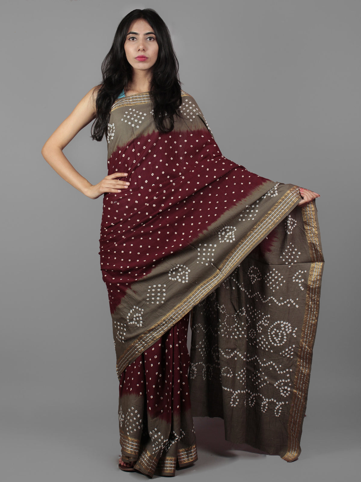 Maroon Grey Ivory Hand Tie & Dye Bandhej Glace Cotton Saree With Resham Border - S031701991