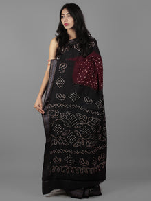 Maroon Black Ivory Hand Tie & Dye Bandhej Glace Cotton Saree With Resham Border - S031701993
