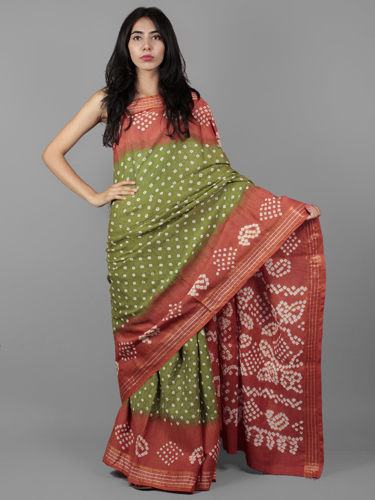 Green Peach Ivory Hand Tie & Dye Bandhej Glace Cotton Saree With Resham Border - S031701994