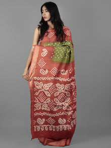 Green Peach Ivory Hand Tie & Dye Bandhej Glace Cotton Saree With Resham Border - S031701994