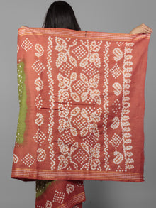 Green Peach Ivory Hand Tie & Dye Bandhej Glace Cotton Saree With Resham Border - S031701994