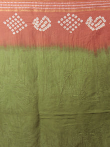 Green Peach Ivory Hand Tie & Dye Bandhej Glace Cotton Saree With Resham Border - S031701994