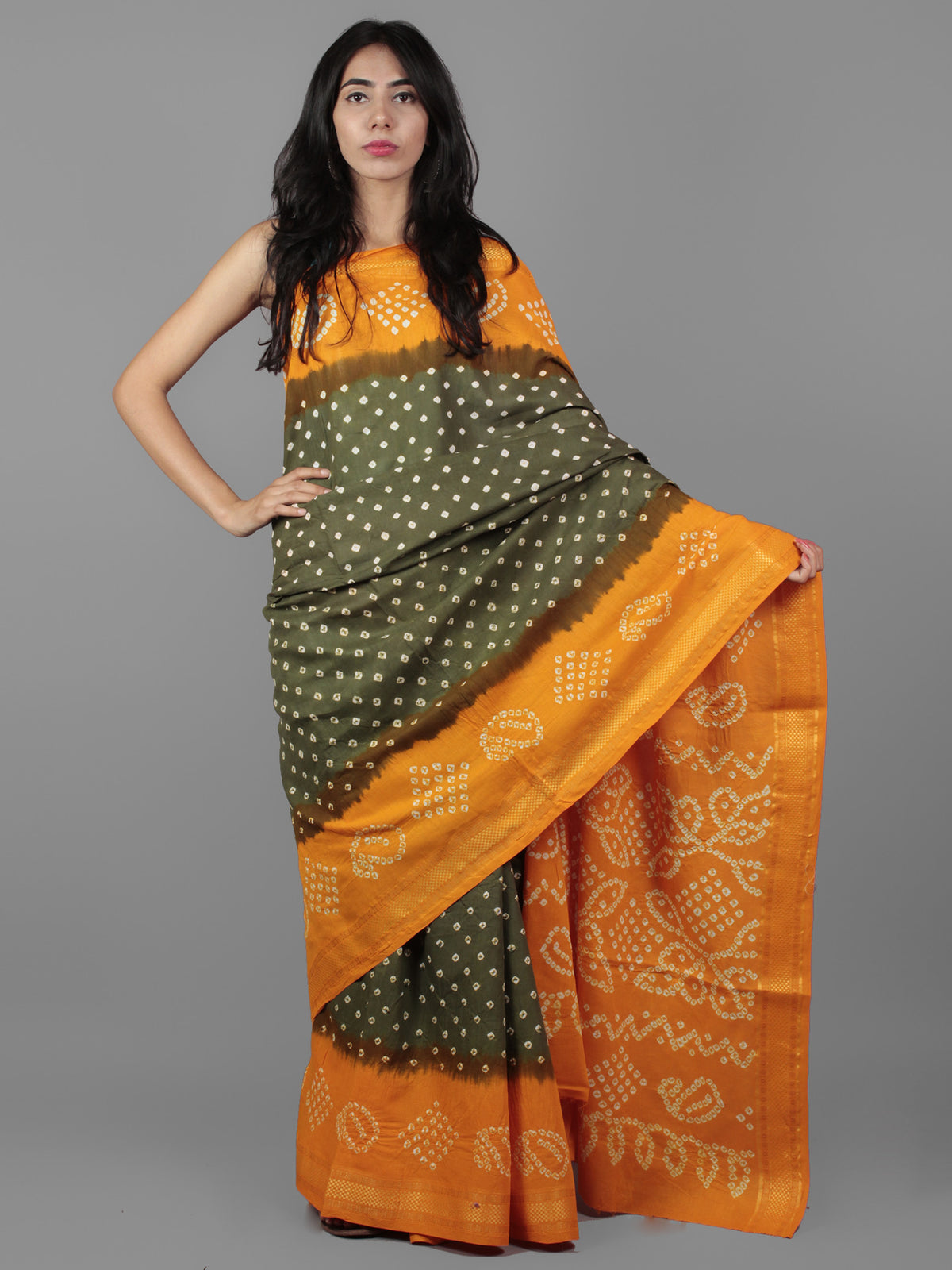 Green Orange Ivory Hand Tie & Dye Bandhej Glace Cotton Saree With Resham Border - S031701997