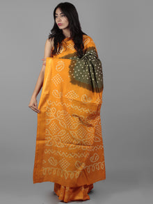 Green Orange Ivory Hand Tie & Dye Bandhej Glace Cotton Saree With Resham Border - S031701997