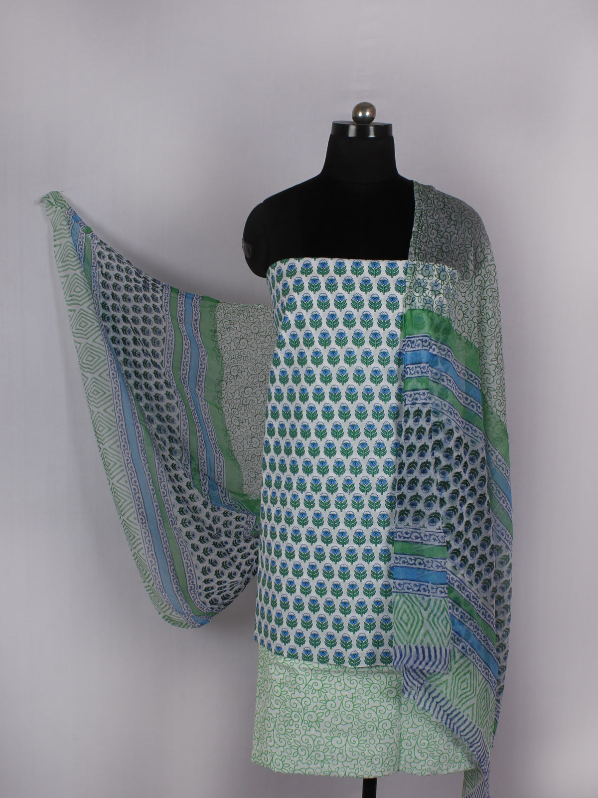 Ivory Blue Green Hand Block Printed Cotton Suit-Salwar Fabric With Chiffon Dupatta - S16281231