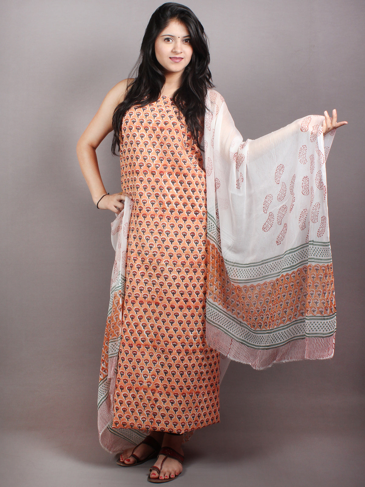 Orange White Grey Hand Block Printed Cotton Suit-Salwar Fabric With Chiffon Dupatta - S1628042