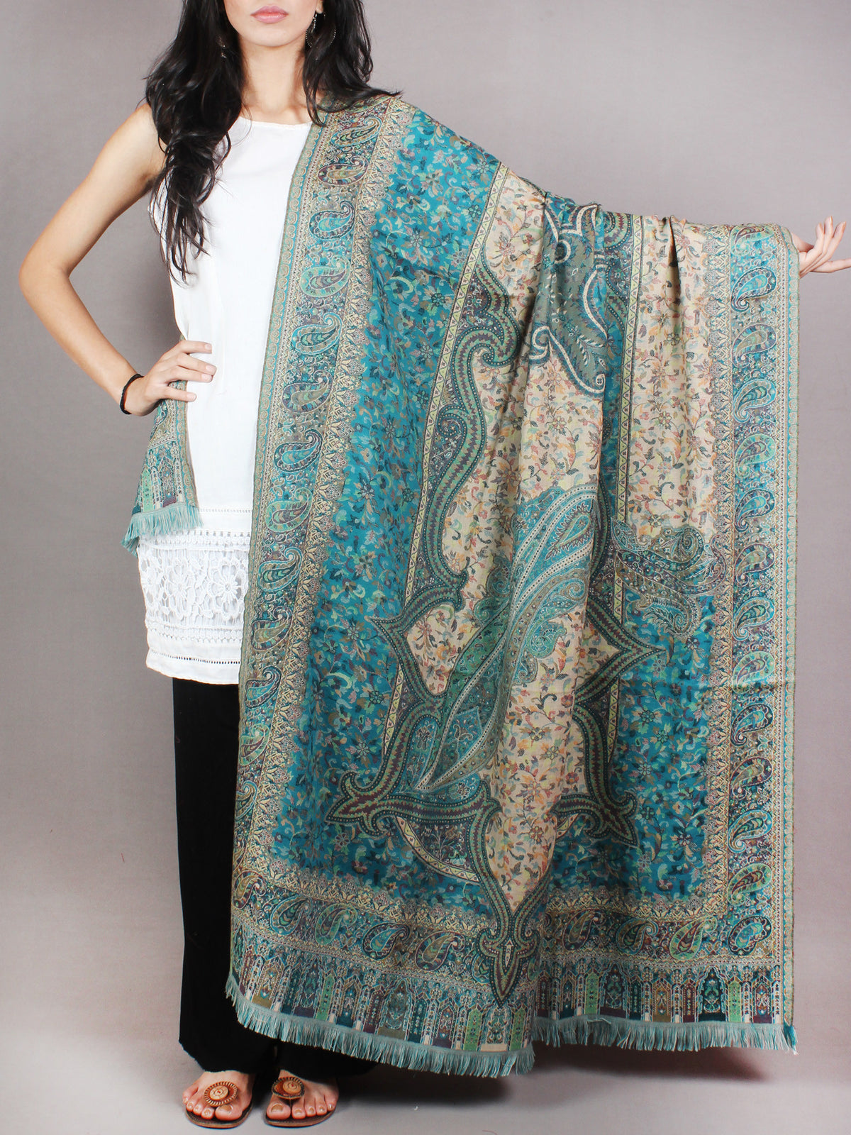 Beige Sky Blue Pure Wool Kani Jamawar Cashmere Shawl From Kashmir - S200102