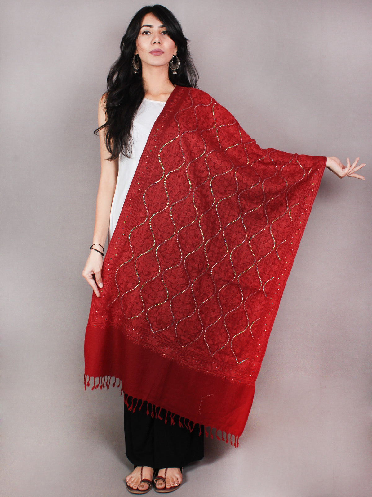 Maroon Aari Embroidery With Sequence Work Pure Wool Stole from Kashmir - S6317074