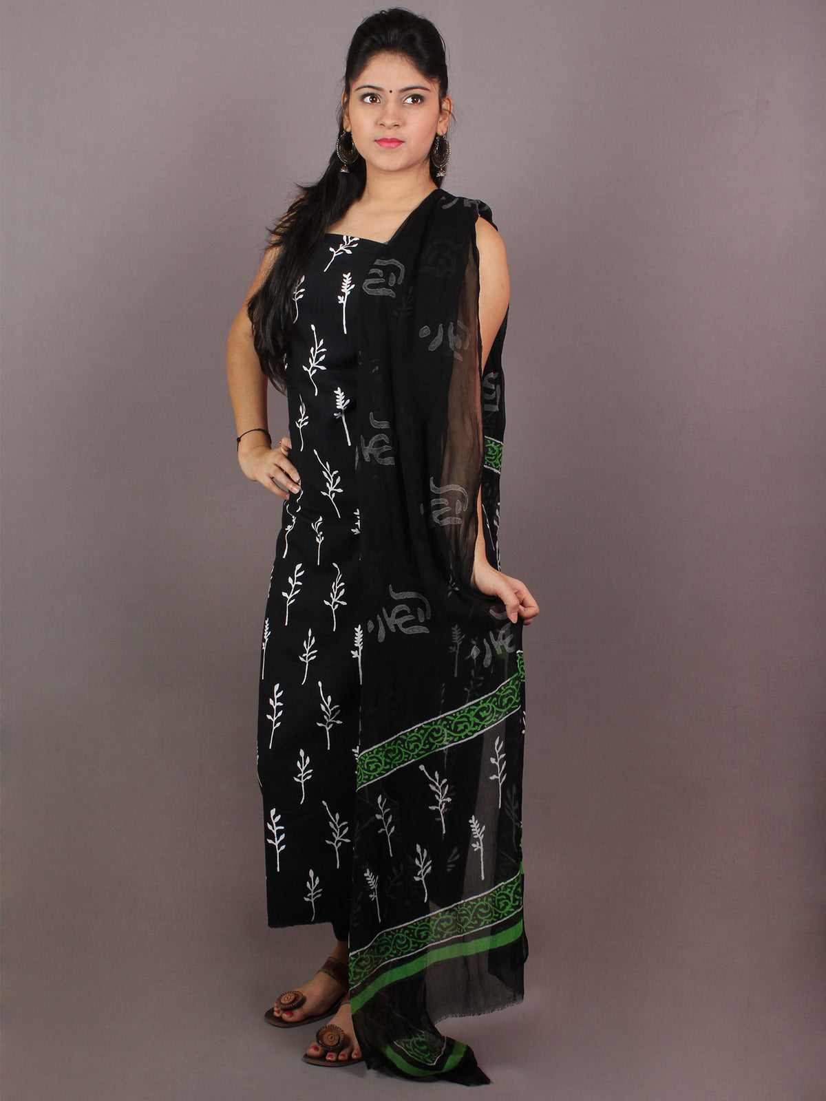 Black White Hand Block Printed Cotton Suit-Salwar Fabric With Chiffon Dupatta - S1628095