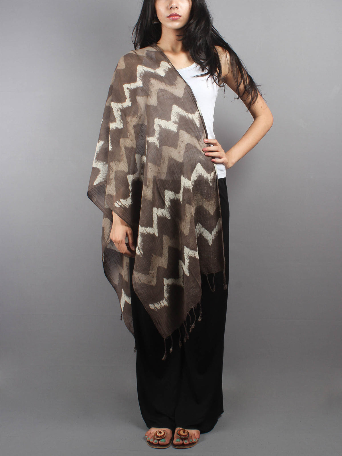 Brown Bagru Hand Printed Handloom Cotton Stole - S6317002