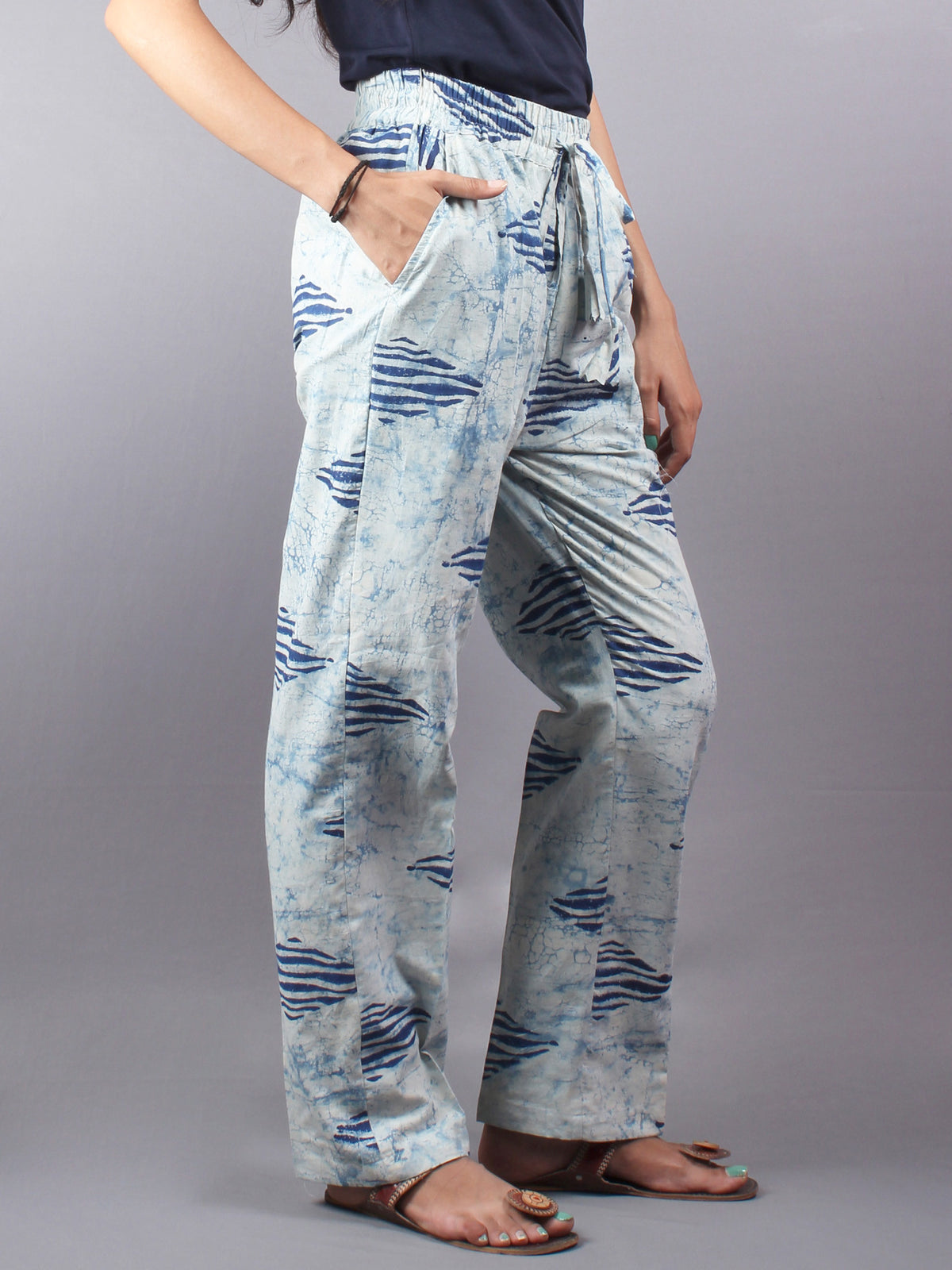 Indigo Hand Block Printed Elasticated Waist Trousers- T0317002