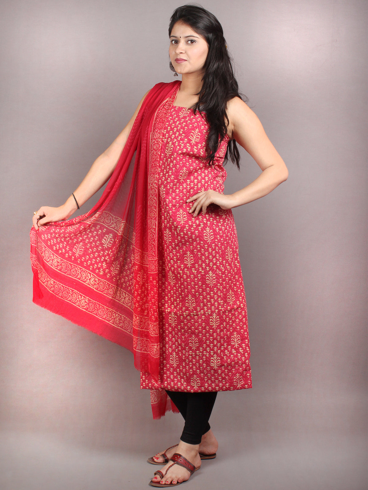 Red White Hand Block Printed Cotton Suit-Salwar Fabric With Chiffon Dupatta - S1628060