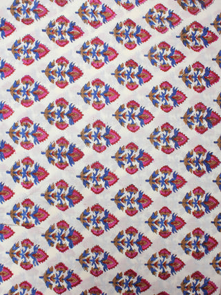 White Blue Red Hand Block Printed Cotton Cambric Fabric Per Meter - F0916410