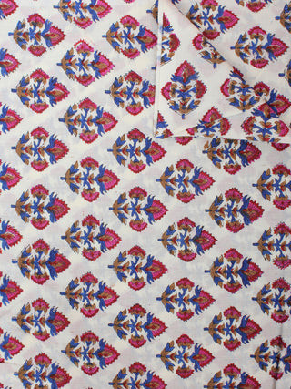 White Blue Red Hand Block Printed Cotton Cambric Fabric Per Meter - F0916410