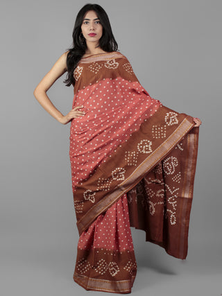 Coral Pink Brown Ivory Hand Tie & Dye Bandhej Glace Cotton Saree With Resham Border - S031702001
