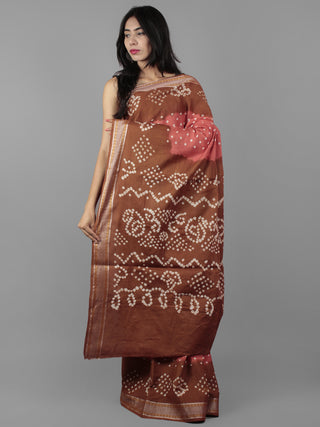 Coral Pink Brown Ivory Hand Tie & Dye Bandhej Glace Cotton Saree With Resham Border - S031702001