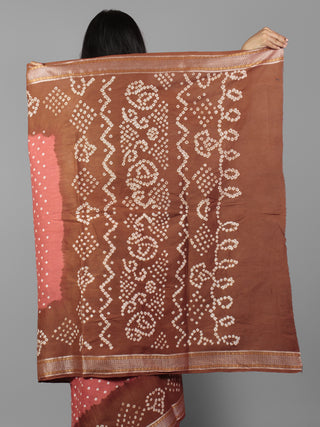 Coral Pink Brown Ivory Hand Tie & Dye Bandhej Glace Cotton Saree With Resham Border - S031702001