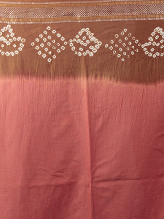 Coral Pink Brown Ivory Hand Tie & Dye Bandhej Glace Cotton Saree With Resham Border - S031702001