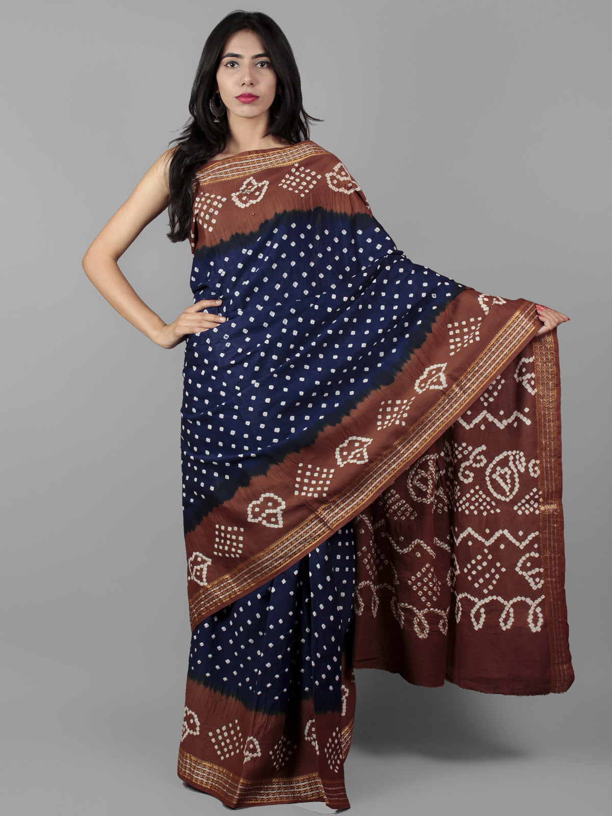Royal Blue Brown Ivory Hand Tie & Dye Bandhej Glace Cotton Saree With Resham Border - S031702002