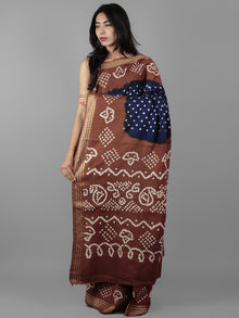 Royal Blue Brown Ivory Hand Tie & Dye Bandhej Glace Cotton Saree With Resham Border - S031702002