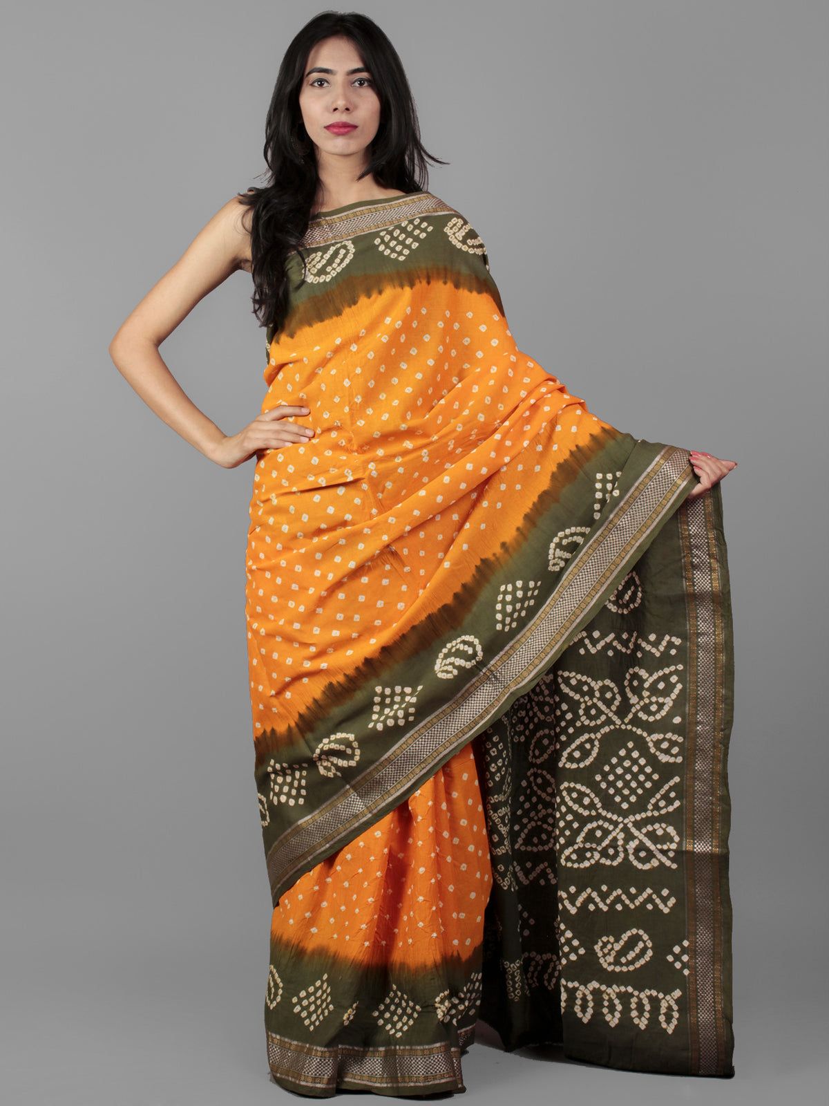 Orange Olive Green Ivory Hand Tie & Dye Bandhej Glace Cotton Saree With Resham Border - S031702004