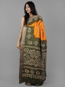 Orange Olive Green Ivory Hand Tie & Dye Bandhej Glace Cotton Saree With Resham Border - S031702004