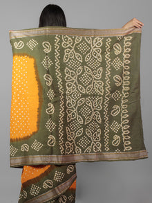 Orange Olive Green Ivory Hand Tie & Dye Bandhej Glace Cotton Saree With Resham Border - S031702004