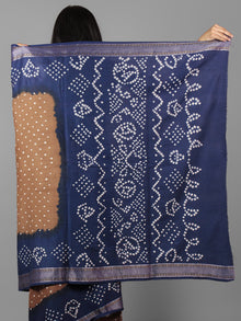 Brown Royal Blue Ivory Hand Tie & Dye Bandhej Glace Cotton Saree With Resham Border - S031702005