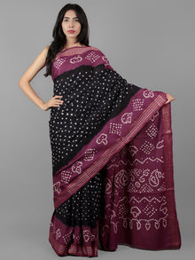 Deep Indigo Purple Ivory Hand Tie & Dye Bandhej Glace Cotton Saree With Resham Border - S031702006