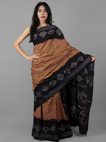 Brown Black Ivory Hand Tie & Dye Bandhej Glace Cotton Saree With Resham Border - S031702008