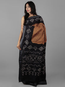 Brown Black Ivory Hand Tie & Dye Bandhej Glace Cotton Saree With Resham Border - S031702008