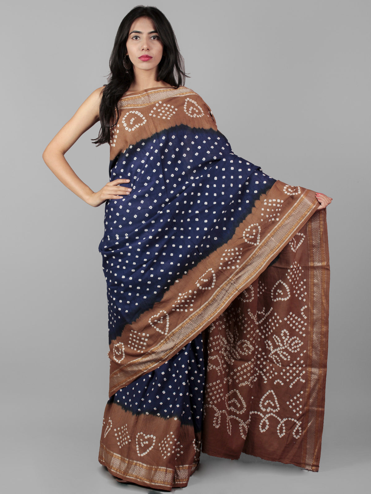 Royal Blue Brown Ivory Hand Tie & Dye Bandhej Glace Cotton Saree With Resham Border - S031702009