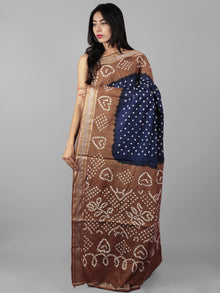 Royal Blue Brown Ivory Hand Tie & Dye Bandhej Glace Cotton Saree With Resham Border - S031702009