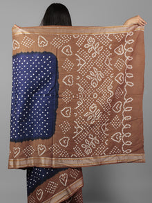 Royal Blue Brown Ivory Hand Tie & Dye Bandhej Glace Cotton Saree With Resham Border - S031702009