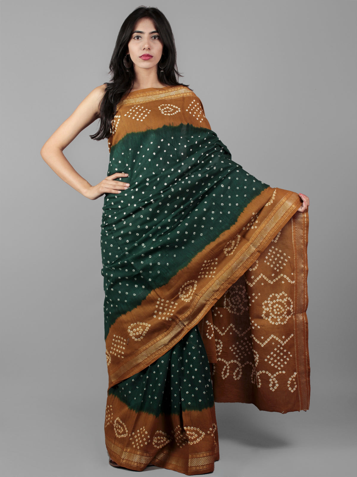 Green Brown Ivory Hand Tie & Dye Bandhej Glace Cotton Saree With Resham Border - S031702010