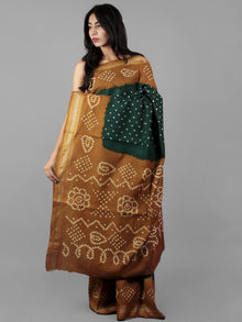 Green Brown Ivory Hand Tie & Dye Bandhej Glace Cotton Saree With Resham Border - S031702010