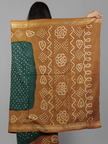 Green Brown Ivory Hand Tie & Dye Bandhej Glace Cotton Saree With Resham Border - S031702010