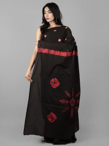 Black White Red Hand Shibori Dyed Cotton Saree - S031702012
