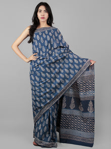 Indigo Ivory Hand Block Printed in Natural Colors Cotton Mul Saree - S031702013