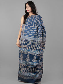 Indigo Ivory Hand Block Printed in Natural Colors Cotton Mul Saree - S031702013