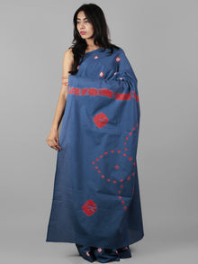 Denim Blue Red Ivory Hand Shibori Dyed Cotton Saree - S031702015