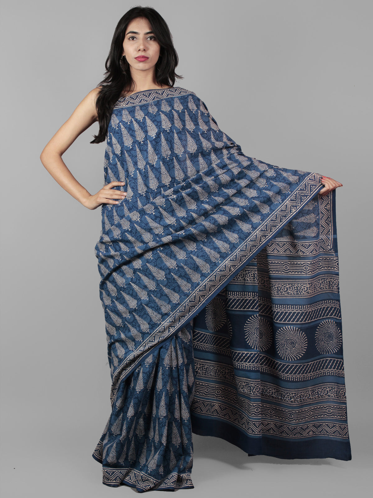 Indigo Ivory Hand Block Printed in Natural Colors Cotton Mul Saree - S031702016
