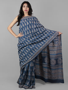 Indigo Ivory Hand Block Printed in Natural Colors Cotton Mul Saree - S031702016