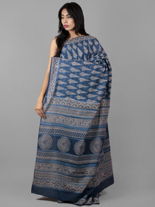 Indigo Ivory Hand Block Printed in Natural Colors Cotton Mul Saree - S031702016
