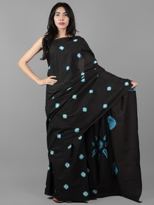 Black Arctic Blue Ivory Hand Shibori Dyed Cotton Saree - S031702018