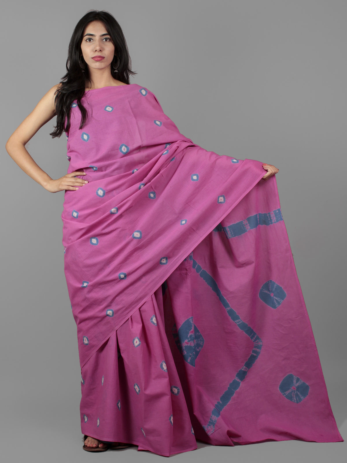 Pink Teal Blue Ivory Hand Shibori Dyed Cotton Saree - S031702019